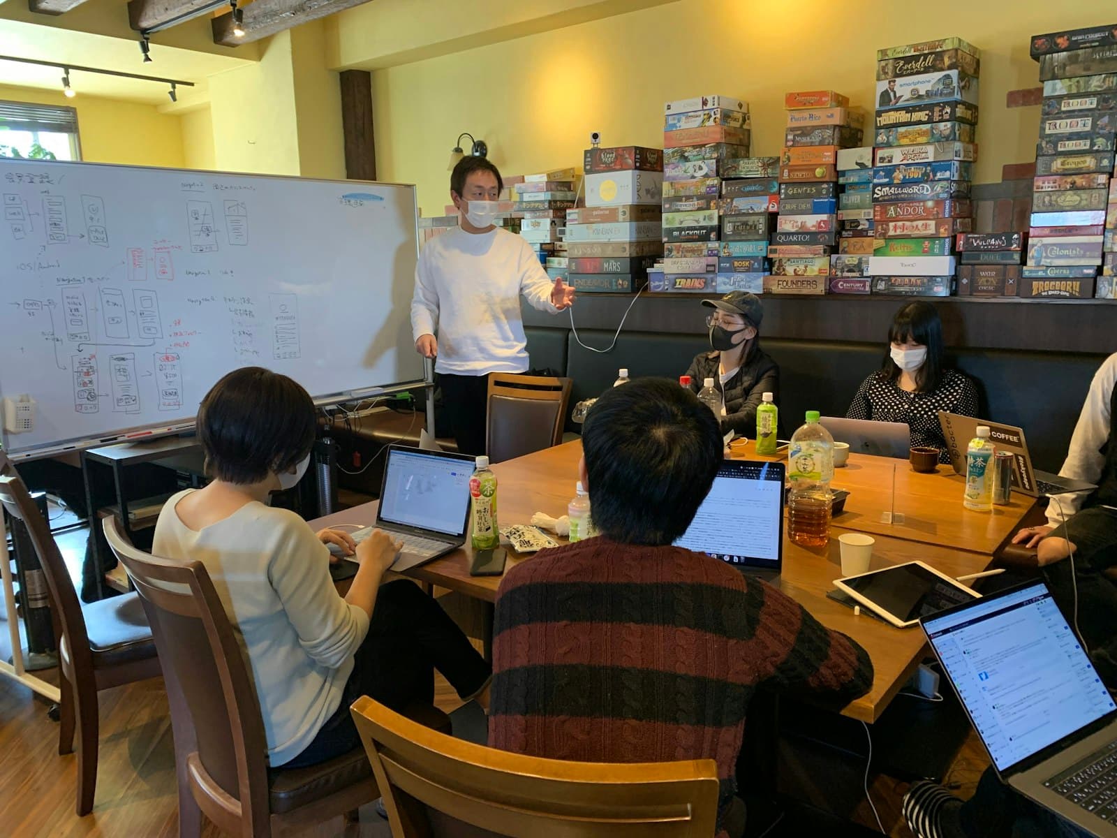 プロジェクトのキックオフミーティングの様子。ホワイトボードにiOS/Androidの画面遷移を描きながら、いいオフィス様と一つのチームとして方向性をすり合わせました。